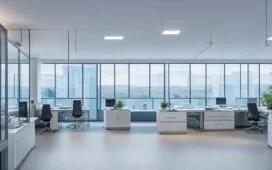 In einem hell erleuchteten, modernen Büro stehen engagierte Expert:innen in angeregtem Austausch vor modernen Bildschirmen, während warme Sonnenstrahlen durch große Fenster fallen und eine Atmosphäre von Innovation, Fokus und neuer Aufbruchsstimmung schaffen.