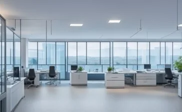 In einem hell erleuchteten, modernen Büro stehen engagierte Expert:innen in angeregtem Austausch vor modernen Bildschirmen, während warme Sonnenstrahlen durch große Fenster fallen und eine Atmosphäre von Innovation, Fokus und neuer Aufbruchsstimmung schaffen.