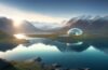 Ein strahlender Morgen über einem futuristischen, von grüner Wasserkraft umgebenen Rechenzentrum in Norwegen, dessen reflektierende Glasfassaden in warmes Sonnenlicht getaucht sind, während im klaren Himmel sanft eine Orbit-Satellitenkonstellation sichtbar wird – Symbol für die harmonische Verbindung von nachhaltiger Erdtechnologie und visionärer Weltrauminfrastruktur.