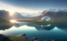 Ein strahlender Morgen über einem futuristischen, von grüner Wasserkraft umgebenen Rechenzentrum in Norwegen, dessen reflektierende Glasfassaden in warmes Sonnenlicht getaucht sind, während im klaren Himmel sanft eine Orbit-Satellitenkonstellation sichtbar wird – Symbol für die harmonische Verbindung von nachhaltiger Erdtechnologie und visionärer Weltrauminfrastruktur.