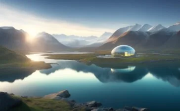 Ein strahlender Morgen über einem futuristischen, von grüner Wasserkraft umgebenen Rechenzentrum in Norwegen, dessen reflektierende Glasfassaden in warmes Sonnenlicht getaucht sind, während im klaren Himmel sanft eine Orbit-Satellitenkonstellation sichtbar wird – Symbol für die harmonische Verbindung von nachhaltiger Erdtechnologie und visionärer Weltrauminfrastruktur.