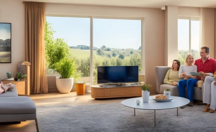 Ein sonnendurchflutetes modernes Wohnzimmer, in dem eine glückliche Familie entspannt vor einem großen, gestochen scharfen Fernseher sitzt, der lebendige HD-Bilder zeigt, während warme Holzakzente und natürliche Pflanzen eine einladende Atmosphäre schaffen und so den Fortschritt digitaler Fernsehtechnologie in behaglicher Umgebung widerspiegeln.