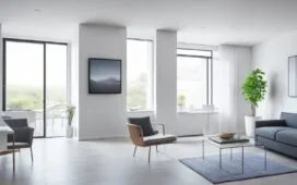 Ein sonnendurchflutetes, modern eingerichtetes Wohnzimmer mit warmem Holzboden, eleganten, vernetzten Smart-Home-Geräten dezent integriert in minimalistisches Mobiliar, in dem eine Person entspannt mit einem Tablet digitale Wohnraumfunktionen steuert, während natürliches Licht durch große Fenster fällt und eine einladende, zukunftsorientierte Atmosphäre schafft.