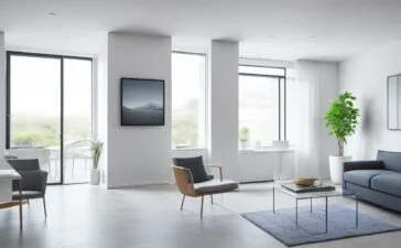 Ein sonnendurchflutetes, modern eingerichtetes Wohnzimmer mit warmem Holzboden, eleganten, vernetzten Smart-Home-Geräten dezent integriert in minimalistisches Mobiliar, in dem eine Person entspannt mit einem Tablet digitale Wohnraumfunktionen steuert, während natürliches Licht durch große Fenster fällt und eine einladende, zukunftsorientierte Atmosphäre schafft.