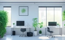 Ein lichtdurchflutetes, modernes Entwicklerbüro mit einem lächelnden Softwareingenieur vor einem großen Bildschirm voller klarer Codezeilen, umgeben von minimalistisch gestalteter Technik und grünen Pflanzen, das Wärme und fokussierte Kreativität ausstrahlt.