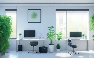 Ein lichtdurchflutetes, modernes Entwicklerbüro mit einem lächelnden Softwareingenieur vor einem großen Bildschirm voller klarer Codezeilen, umgeben von minimalistisch gestalteter Technik und grünen Pflanzen, das Wärme und fokussierte Kreativität ausstrahlt.