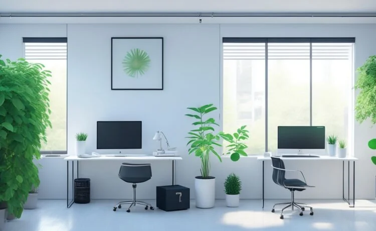 Ein lichtdurchflutetes, modernes Entwicklerbüro mit einem lächelnden Softwareingenieur vor einem großen Bildschirm voller klarer Codezeilen, umgeben von minimalistisch gestalteter Technik und grünen Pflanzen, das Wärme und fokussierte Kreativität ausstrahlt.
