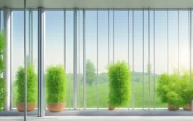 Ein lichtdurchflutetes, modernes Rechenzentrum mit großen Fensterfronten, in dem dezente grüne Pflanzen und hochwertige Automatisierungs-Technik in eleganter Harmonie eine zukunftsorientierte Symbiose aus Nachhaltigkeit und smarter Effizienz ausstrahlen, begleitet von warmem natürlichem Tageslicht, das die Atmosphäre einladend und optimistisch macht.