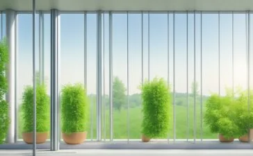 Ein lichtdurchflutetes, modernes Rechenzentrum mit großen Fensterfronten, in dem dezente grüne Pflanzen und hochwertige Automatisierungs-Technik in eleganter Harmonie eine zukunftsorientierte Symbiose aus Nachhaltigkeit und smarter Effizienz ausstrahlen, begleitet von warmem natürlichem Tageslicht, das die Atmosphäre einladend und optimistisch macht.
