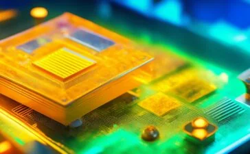 In einem hell erleuchteten, modernen Büroumfeld arbeitet ein fokussierter Ingenieur mit warmem Lächeln vor mehreren transparenten Bildschirmen an der Entwicklung eines zukunftsweisenden KI-Chips, während sanftes Tageslicht durch große Fenster fällt und eine freundliche, optimistische Atmosphäre schafft.