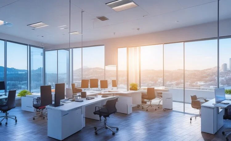 Ein helles, natürlich beleuchtetes Büro mit einem fokussierten Entwicklerteam mittleren Alters, die in entspannter Atmosphäre an modernen Computern mit offenem Code arbeiten, während Sonnenlicht sanft durch große Fenster fällt und eine warme, einladende Stimmung schafft, die den Wandel von Tradition zu Innovation in der Windows-Entwicklung symbolisiert.