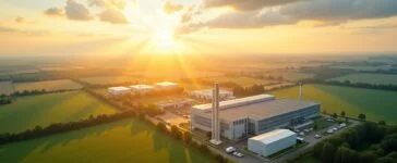 Sonnendurchflutete Landschaft mit modernen Industrierhallen und weitläufigen Freiflächen nahe einer kleinen Gemeinde im Grünen, die durch warme Lichtstrahlen und natürliche Farbnuancen eine hoffnungsvolle Zukunft des digitalen Wandels und nachhaltiger Infrastruktur symbolisieren.