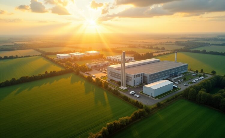 Sonnendurchflutete Landschaft mit modernen Industrierhallen und weitläufigen Freiflächen nahe einer kleinen Gemeinde im Grünen, die durch warme Lichtstrahlen und natürliche Farbnuancen eine hoffnungsvolle Zukunft des digitalen Wandels und nachhaltiger Infrastruktur symbolisieren.