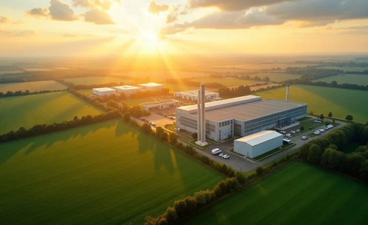 Sonnendurchflutete Landschaft mit modernen Industrierhallen und weitläufigen Freiflächen nahe einer kleinen Gemeinde im Grünen, die durch warme Lichtstrahlen und natürliche Farbnuancen eine hoffnungsvolle Zukunft des digitalen Wandels und nachhaltiger Infrastruktur symbolisieren.