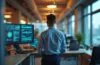 In einem hell erleuchteten, modernen Büro zeigt sich ein konzentrierter IT-Experte in lässiger Businesskleidung, wie er vor mehreren Bildschirmen mit grafischen Cybersecurity-Dashboards und Datenfluss steht, umgeben von natürlichem Tageslicht und einer einladenden, warmen Atmosphäre, die technische Professionalität und menschliche Aufmerksamkeit symbolisiert.