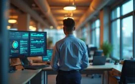 In einem hell erleuchteten, modernen Büro zeigt sich ein konzentrierter IT-Experte in lässiger Businesskleidung, wie er vor mehreren Bildschirmen mit grafischen Cybersecurity-Dashboards und Datenfluss steht, umgeben von natürlichem Tageslicht und einer einladenden, warmen Atmosphäre, die technische Professionalität und menschliche Aufmerksamkeit symbolisiert.