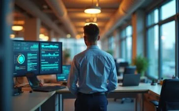 In einem hell erleuchteten, modernen Büro zeigt sich ein konzentrierter IT-Experte in lässiger Businesskleidung, wie er vor mehreren Bildschirmen mit grafischen Cybersecurity-Dashboards und Datenfluss steht, umgeben von natürlichem Tageslicht und einer einladenden, warmen Atmosphäre, die technische Professionalität und menschliche Aufmerksamkeit symbolisiert.