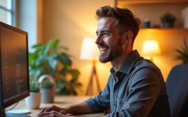 Ein hell beleuchteter, moderner Arbeitsplatz mit einem entspannten Webentwickler, der mit konzentriertem Lächeln vor einem großen Monitor sitzt, umgeben von warmem Tageslicht und freundlichen, natürlichen Details, die das Thema barrierefreie Webgestaltung und inklusive Technologie unterstreichen.