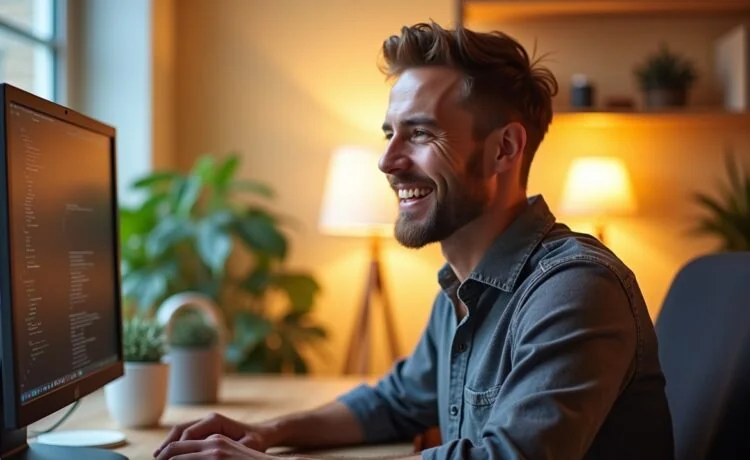 Ein hell beleuchteter, moderner Arbeitsplatz mit einem entspannten Webentwickler, der mit konzentriertem Lächeln vor einem großen Monitor sitzt, umgeben von warmem Tageslicht und freundlichen, natürlichen Details, die das Thema barrierefreie Webgestaltung und inklusive Technologie unterstreichen.