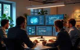 Ein warm beleuchtetes, modernes Büro mit nahen Aufnahmen von fokussierten Technikexperten verschiedener Herkunft, die bei natürlichem Licht angeregt vor mehreren schicken Bildschirmen mit komplexen Daten und Grafiken zum Thema KI und GPU-Effizienz diskutieren, während im Hintergrund elegante, minimalistische Hightech-Geräte und dezente Pflanzen eine einladende Atmosphäre schaffen.