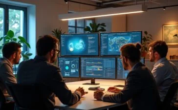 Ein warm beleuchtetes, modernes Büro mit nahen Aufnahmen von fokussierten Technikexperten verschiedener Herkunft, die bei natürlichem Licht angeregt vor mehreren schicken Bildschirmen mit komplexen Daten und Grafiken zum Thema KI und GPU-Effizienz diskutieren, während im Hintergrund elegante, minimalistische Hightech-Geräte und dezente Pflanzen eine einladende Atmosphäre schaffen.