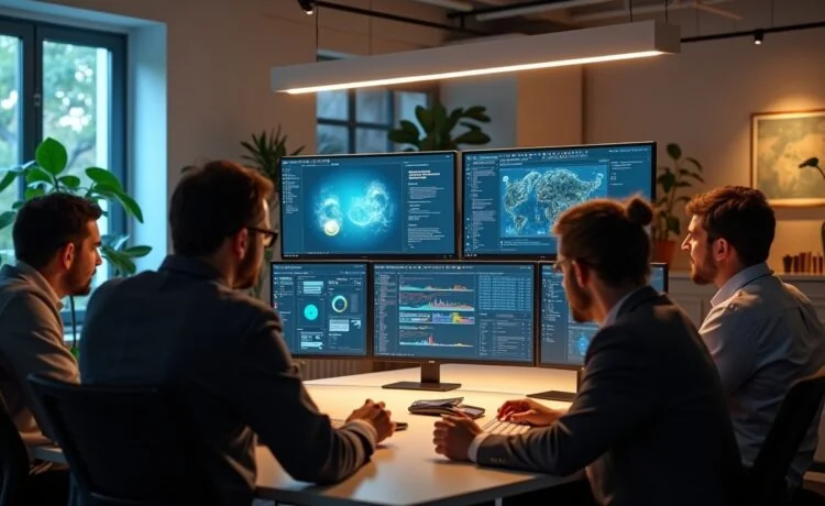 Ein warm beleuchtetes, modernes Büro mit nahen Aufnahmen von fokussierten Technikexperten verschiedener Herkunft, die bei natürlichem Licht angeregt vor mehreren schicken Bildschirmen mit komplexen Daten und Grafiken zum Thema KI und GPU-Effizienz diskutieren, während im Hintergrund elegante, minimalistische Hightech-Geräte und dezente Pflanzen eine einladende Atmosphäre schaffen.
