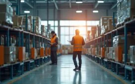 In einem hell erleuchteten Amazon-Logistikzentrum arbeiten konzentrierte Mitarbeitende in moderner Arbeitskleidung an innovativen Robotiksystemen, während im Hintergrund sanftes Tageslicht durch große Fenster fällt und eine Atmosphäre von Fortschritt, Menschlichkeit und technischer Transformation schafft.