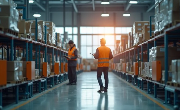 In einem hell erleuchteten Amazon-Logistikzentrum arbeiten konzentrierte Mitarbeitende in moderner Arbeitskleidung an innovativen Robotiksystemen, während im Hintergrund sanftes Tageslicht durch große Fenster fällt und eine Atmosphäre von Fortschritt, Menschlichkeit und technischer Transformation schafft.