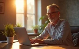 Ein hell erleuchtetes, stilvolles Büro mit einem entspannten Menschen mittleren Alters, der mit einem sanften Lächeln vor einem Laptop sitzt und aufmerksam auf den Bildschirm blickt, während warmes Tageslicht durch ein großes Fenster flutet und eine freundliche, einladende Atmosphäre schafft – eine lebendige Momentaufnahme moderner, KI-gestützter Kaufentscheidungshilfe in Aktion.