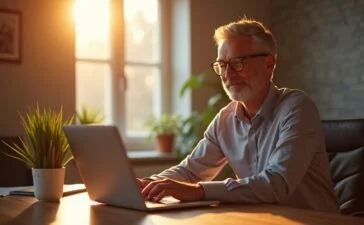 Ein hell erleuchtetes, stilvolles Büro mit einem entspannten Menschen mittleren Alters, der mit einem sanften Lächeln vor einem Laptop sitzt und aufmerksam auf den Bildschirm blickt, während warmes Tageslicht durch ein großes Fenster flutet und eine freundliche, einladende Atmosphäre schafft – eine lebendige Momentaufnahme moderner, KI-gestützter Kaufentscheidungshilfe in Aktion.