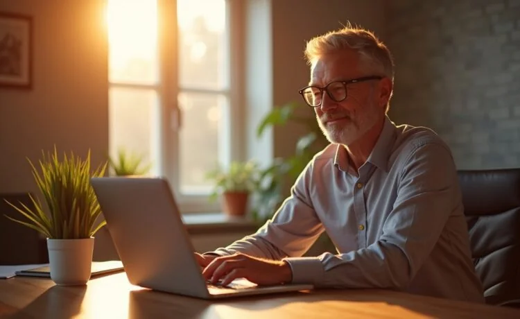 Ein hell erleuchtetes, stilvolles Büro mit einem entspannten Menschen mittleren Alters, der mit einem sanften Lächeln vor einem Laptop sitzt und aufmerksam auf den Bildschirm blickt, während warmes Tageslicht durch ein großes Fenster flutet und eine freundliche, einladende Atmosphäre schafft – eine lebendige Momentaufnahme moderner, KI-gestützter Kaufentscheidungshilfe in Aktion.