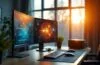 Ein heller, modern eingerichteter Arbeitsplatz mit zwei hochmodernen Computerbildschirmen, die dynamische Grafiken der KI-Industrie zeigen, während warmes Tageslicht durch ein großes Fenster fällt und eine Atmosphäre von Innovation, Aufbruch und zukunftsweisendem Wettbewerb zwischen AMD und Nvidia vermittelt.