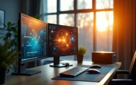 Ein heller, modern eingerichteter Arbeitsplatz mit zwei hochmodernen Computerbildschirmen, die dynamische Grafiken der KI-Industrie zeigen, während warmes Tageslicht durch ein großes Fenster fällt und eine Atmosphäre von Innovation, Aufbruch und zukunftsweisendem Wettbewerb zwischen AMD und Nvidia vermittelt.