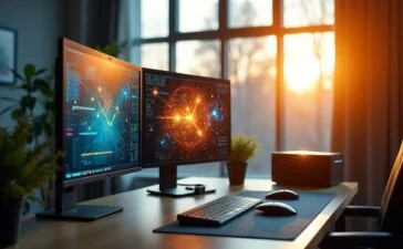 Ein heller, modern eingerichteter Arbeitsplatz mit zwei hochmodernen Computerbildschirmen, die dynamische Grafiken der KI-Industrie zeigen, während warmes Tageslicht durch ein großes Fenster fällt und eine Atmosphäre von Innovation, Aufbruch und zukunftsweisendem Wettbewerb zwischen AMD und Nvidia vermittelt.