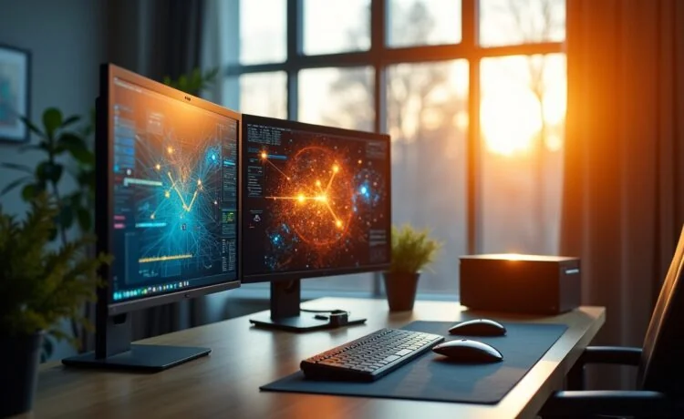 Ein heller, modern eingerichteter Arbeitsplatz mit zwei hochmodernen Computerbildschirmen, die dynamische Grafiken der KI-Industrie zeigen, während warmes Tageslicht durch ein großes Fenster fällt und eine Atmosphäre von Innovation, Aufbruch und zukunftsweisendem Wettbewerb zwischen AMD und Nvidia vermittelt.