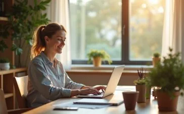 Ein lichtdurchflutetes Arbeitszimmer mit modernen, warmen Holzmöbeln, in dem eine aufgeschlossene Person entspannt vor einem Laptop sitzt und mit fokussiertem, aber freundlichem Ausdruck an kreativen KI-Anwendungen arbeitet, während durch ein großes Fenster sanftes Tageslicht fällt und die Atmosphäre von Vertrauen und technologischer Innovation trägt.