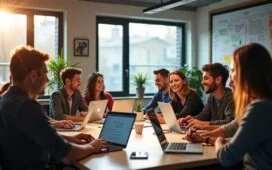 Ein hell erleuchteter, modern eingerichteter Arbeitsplatz mit einem entspannten Entwicklerteam verschiedener Altersgruppen, das fokussiert an Laptops arbeitet, umgeben von Skizzen und Notizen zu App-Frameworks, vermittelt eine warme und produktive Atmosphäre voller Teamgeist und Innovation.