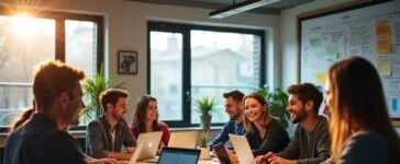 Ein hell erleuchteter, modern eingerichteter Arbeitsplatz mit einem entspannten Entwicklerteam verschiedener Altersgruppen, das fokussiert an Laptops arbeitet, umgeben von Skizzen und Notizen zu App-Frameworks, vermittelt eine warme und produktive Atmosphäre voller Teamgeist und Innovation.