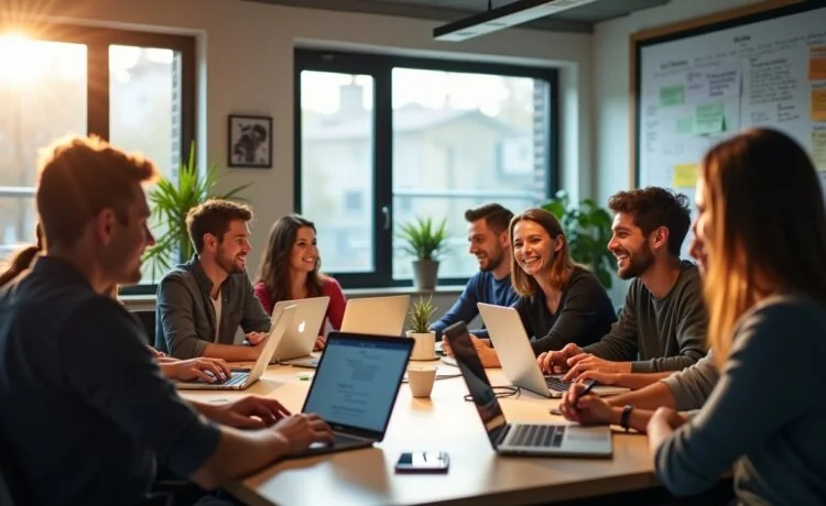 Ein hell erleuchteter, modern eingerichteter Arbeitsplatz mit einem entspannten Entwicklerteam verschiedener Altersgruppen, das fokussiert an Laptops arbeitet, umgeben von Skizzen und Notizen zu App-Frameworks, vermittelt eine warme und produktive Atmosphäre voller Teamgeist und Innovation.