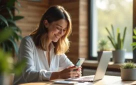 Ein lichtdurchfluteter, moderner Arbeitsplatz mit entspannt lächelnder Person, die konzentriert auf ein glänzendes Smartphone im Liquid-Glass-Design blickt, umgeben von sanften Holztönen und natürlichen Pflanzen, die eine warme, einladende Atmosphäre mit subtilen Reflexionen und weichen Schatten schaffen.