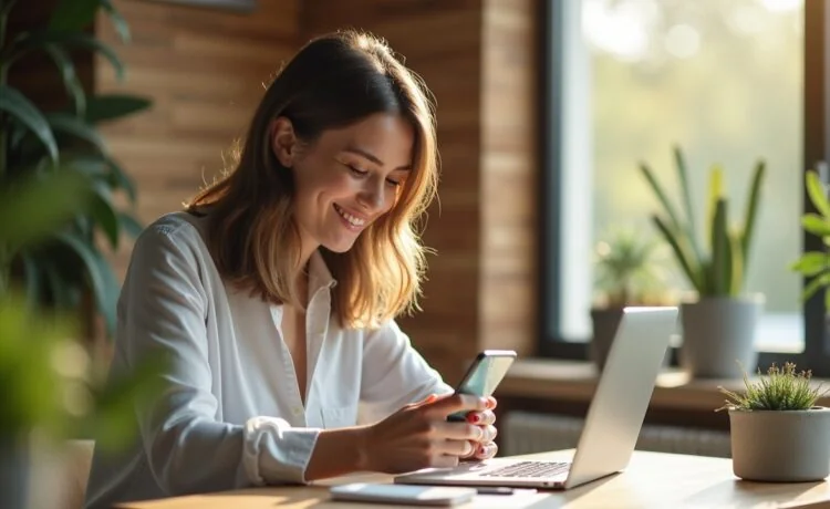Ein lichtdurchfluteter, moderner Arbeitsplatz mit entspannt lächelnder Person, die konzentriert auf ein glänzendes Smartphone im Liquid-Glass-Design blickt, umgeben von sanften Holztönen und natürlichen Pflanzen, die eine warme, einladende Atmosphäre mit subtilen Reflexionen und weichen Schatten schaffen.