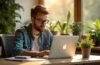 Ein strahlend helles, natürlich beleuchtetes Büroambiente mit einem fokussierten Entwickler am modernen MacBook, umgeben von warmen Holzakzenten und grünen Pflanzen, das die Aufbruchsstimmung und Chancen der offenen Apple-Sprachmodelle in einer freundlichen, entspannten Atmosphäre einfängt.