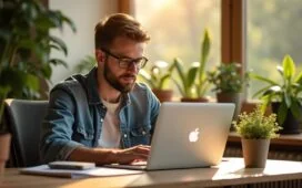 Ein strahlend helles, natürlich beleuchtetes Büroambiente mit einem fokussierten Entwickler am modernen MacBook, umgeben von warmen Holzakzenten und grünen Pflanzen, das die Aufbruchsstimmung und Chancen der offenen Apple-Sprachmodelle in einer freundlichen, entspannten Atmosphäre einfängt.