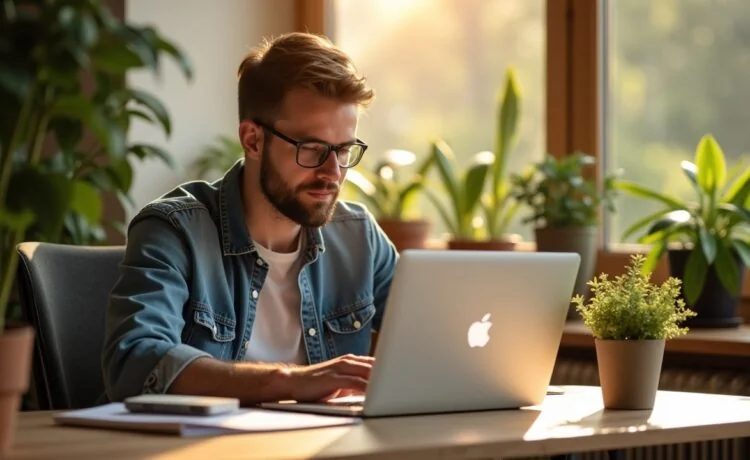 Ein strahlend helles, natürlich beleuchtetes Büroambiente mit einem fokussierten Entwickler am modernen MacBook, umgeben von warmen Holzakzenten und grünen Pflanzen, das die Aufbruchsstimmung und Chancen der offenen Apple-Sprachmodelle in einer freundlichen, entspannten Atmosphäre einfängt.