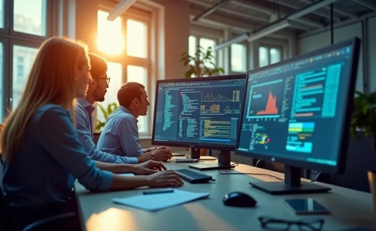 Ein hell erleuchtetes, modernes Büro mit konzentrierten IT-Sicherheitsforschern, lebendig in entspannter Teamatmosphäre bei der Analyse von Computerbildschirmen, die komplexe Codes und Sicherheitsgrafiken zeigen – natürliches Tageslicht strömt durch große Fenster und erzeugt eine warme, einladende Stimmung voller Fortschritt und Zusammenarbeit.