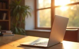 Ein lichtdurchflutetes, modern eingerichtetes Büro mit einem eleganten MacBook Pro auf einem hellen Holztisch, dessen brillanter Touchscreen im warmen Sonnenlicht lebendig funkelt, während eine entspannte Kreativkraft mit einem freundlichen Lächeln multitouch-gesten intuitiv nutzt.
