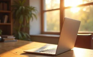 Ein lichtdurchflutetes, modern eingerichtetes Büro mit einem eleganten MacBook Pro auf einem hellen Holztisch, dessen brillanter Touchscreen im warmen Sonnenlicht lebendig funkelt, während eine entspannte Kreativkraft mit einem freundlichen Lächeln multitouch-gesten intuitiv nutzt.