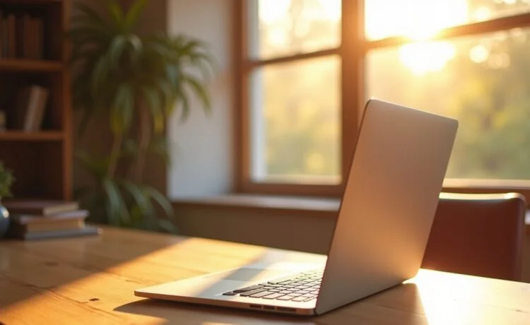 Ein lichtdurchflutetes, modern eingerichtetes Büro mit einem eleganten MacBook Pro auf einem hellen Holztisch, dessen brillanter Touchscreen im warmen Sonnenlicht lebendig funkelt, während eine entspannte Kreativkraft mit einem freundlichen Lächeln multitouch-gesten intuitiv nutzt.