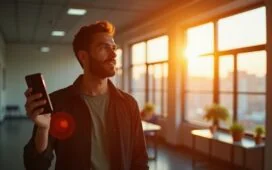 In einem hell erleuchteten, modernen Büro strahlt ein aktiv wirkender Aktivist vertrauensvoll mit einem glänzenden iPhone 17 in der Hand, umgeben von warmem Tageslicht, das Hoffnung und digitale Sicherheit symbolisiert.