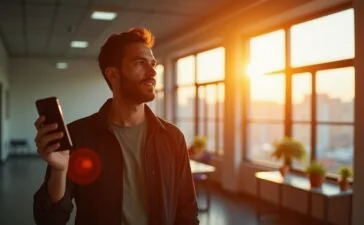 In einem hell erleuchteten, modernen Büro strahlt ein aktiv wirkender Aktivist vertrauensvoll mit einem glänzenden iPhone 17 in der Hand, umgeben von warmem Tageslicht, das Hoffnung und digitale Sicherheit symbolisiert.